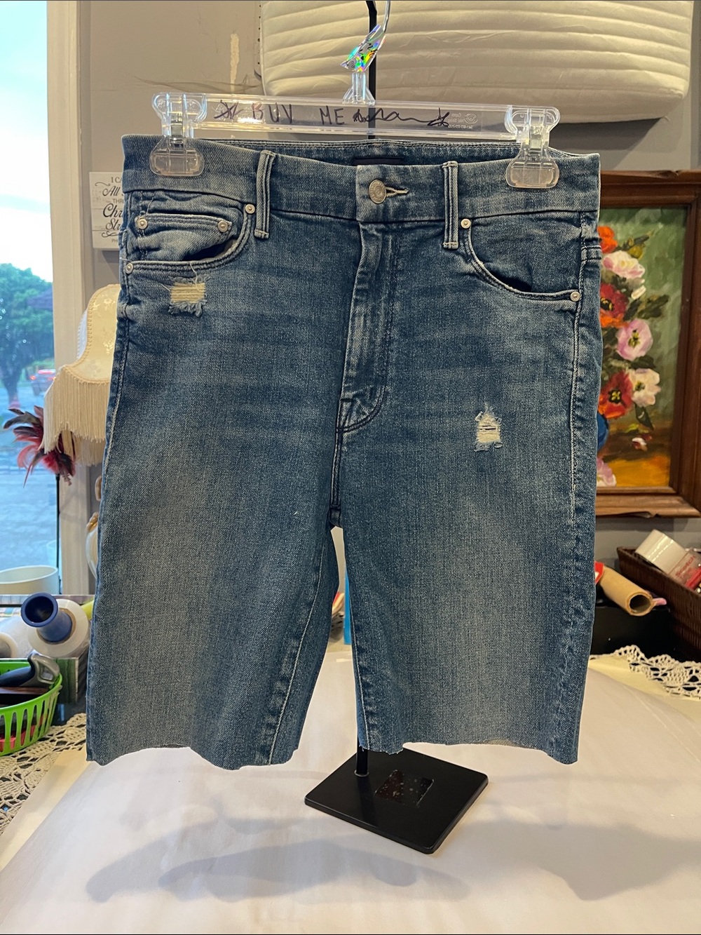 MOTHER Distressed Blue Denim Jean Shorts | Size 27 Rainbow Learning to Hula Wash - Picture 4 of 13